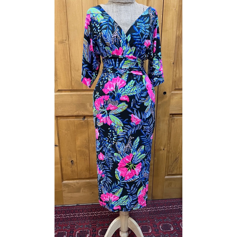 Lilly Pulitzer Parigi Dress XS Blue Pink Floral Midi Surplice V Neck Tropical